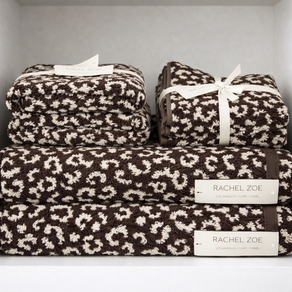 NWT Rachel Zoe Chocolate Brown/Cream Leopard Print 8-Piece Towel Set 100% Cotton
